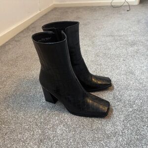 ASOS Black Croc-Embossed Square-Toe Block Heel Ankle Boots